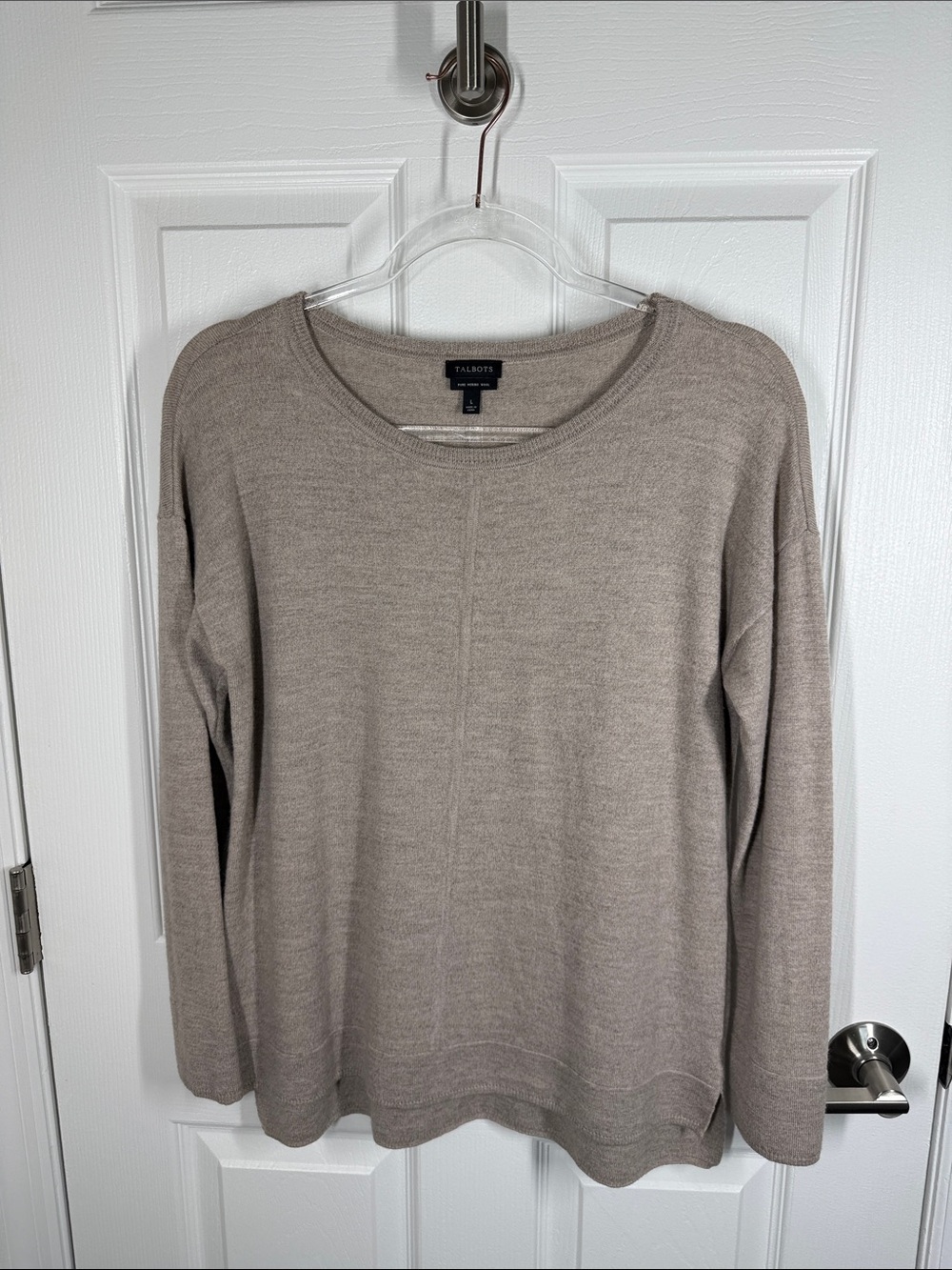 Talbots tan beige merino wool crewneck sweater size large